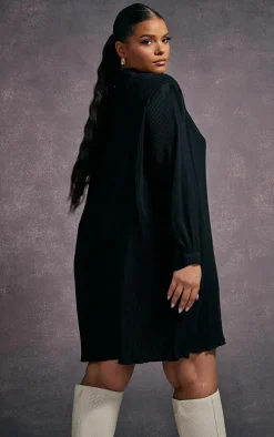 Plus Black Plisse Oversized Shirt Dress