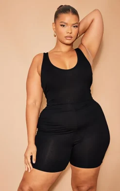 Plus Black Plunge Front Unitard