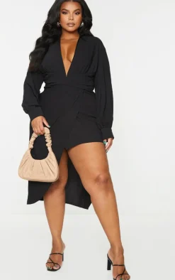 Plus Black Plunge Wrap Textured Dress