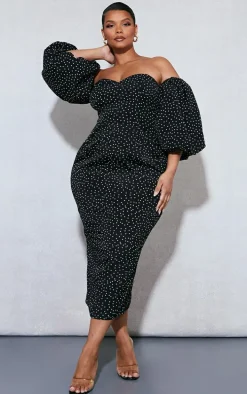 Plus Black Polka Dot Bandeau Puff Sleeve Midi Dress