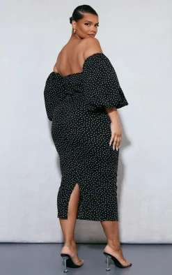 Plus Black Polka Dot Bandeau Puff Sleeve Midi Dress