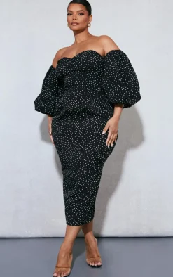 Plus Black Polka Dot Bandeau Puff Sleeve Midi Dress