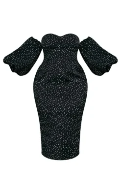 Plus Black Polka Dot Bandeau Puff Sleeve Midi Dress
