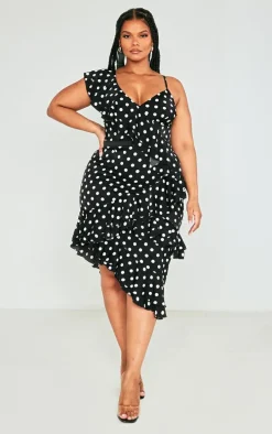 Plus Black Polka Dot Ruffle Detail Midi Dress