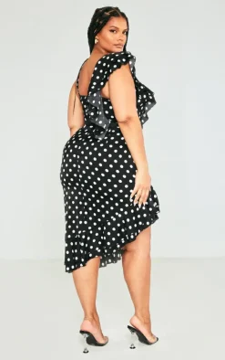 Plus Black Polka Dot Ruffle Detail Midi Dress