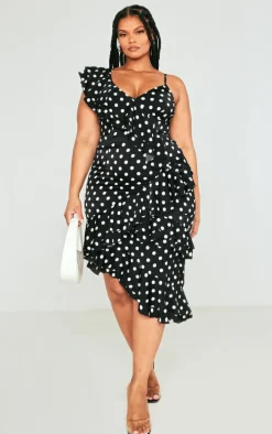 Plus Black Polka Dot Ruffle Detail Midi Dress