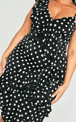 Plus Black Polka Dot Ruffle Detail Midi Dress