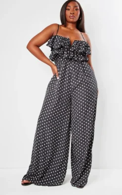 Plus Black Polka Dot Strappy Ruffle Wide Leg Jumpsuit