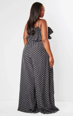 Plus Black Polka Dot Strappy Ruffle Wide Leg Jumpsuit