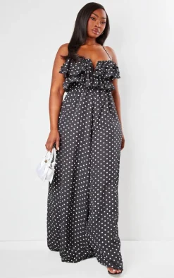 Plus Black Polka Dot Strappy Ruffle Wide Leg Jumpsuit