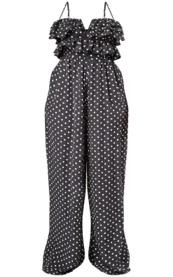 Plus Black Polka Dot Strappy Ruffle Wide Leg Jumpsuit