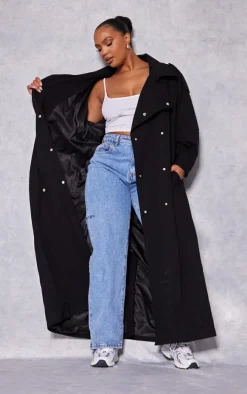 Plus Black Popper Detail Trench Coat