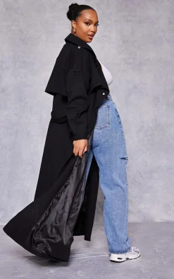 Plus Black Popper Detail Trench Coat
