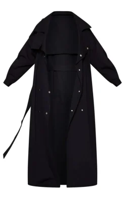 Plus Black Popper Detail Trench Coat