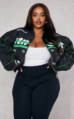 Plus Black Printed Nylon Bomber Jacket
