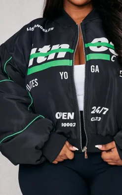 Plus Black Printed Nylon Bomber Jacket