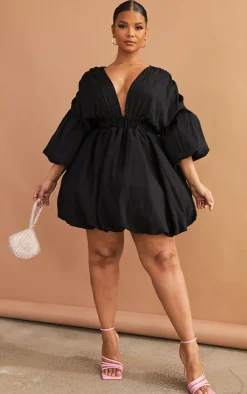 Plus Black Puff Sleeve Puffball Hem Dress