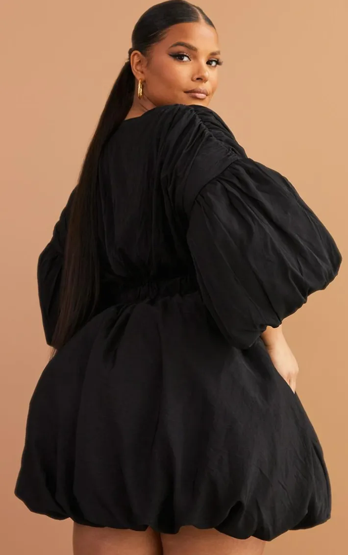 Plus Black Puff Sleeve Puffball Hem Dress