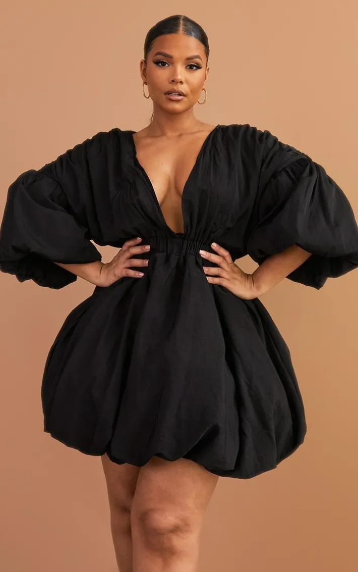 Plus Black Puff Sleeve Puffball Hem Dress