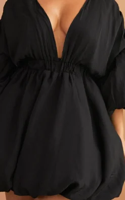 Plus Black Puff Sleeve Puffball Hem Dress