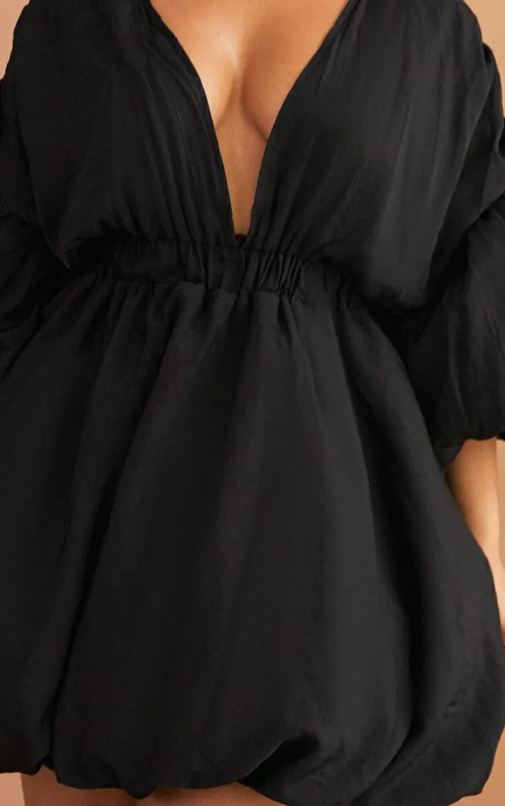 Plus Black Puff Sleeve Puffball Hem Dress