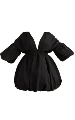 Plus Black Puff Sleeve Puffball Hem Dress