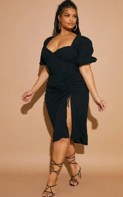 Plus Black Puff Sleeve Ruched Side Split Midi Dress