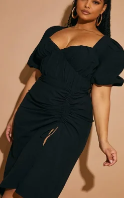 Plus Black Puff Sleeve Ruched Side Split Midi Dress
