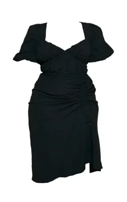 Plus Black Puff Sleeve Ruched Side Split Midi Dress