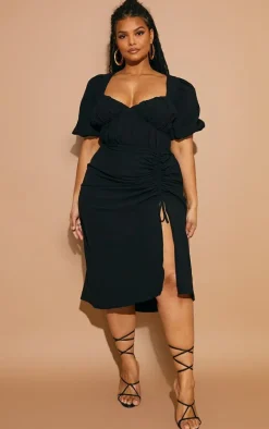 Plus Black Puff Sleeve Ruched Split Side Midi Dress