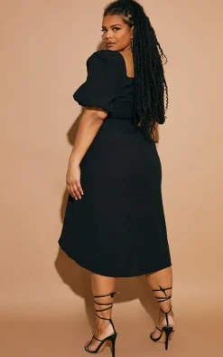 Plus Black Puff Sleeve Ruched Split Side Midi Dress