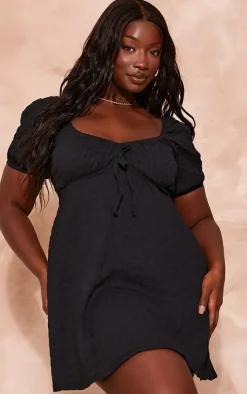 Plus Black Puff Sleeve Textured Shift Dress