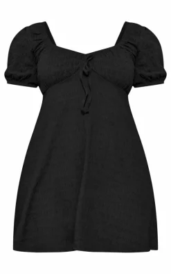 Plus Black Puff Sleeve Textured Shift Dress