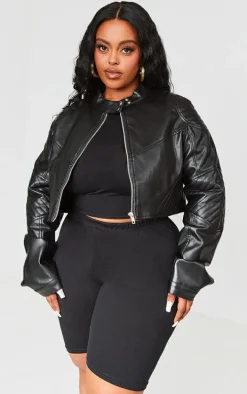Plus Black Quilted Detail Super Cropped Faux Leather Jacket