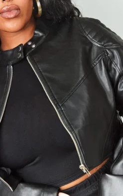 Plus Black Quilted Detail Super Cropped Faux Leather Jacket