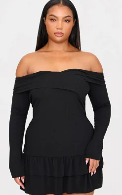 Plus Black Ribbed Bardot Cross Over Bust Detail Shift Dress