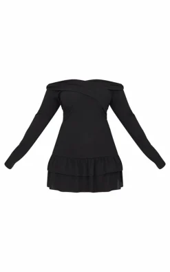 Plus Black Ribbed Bardot Cross Over Bust Detail Shift Dress