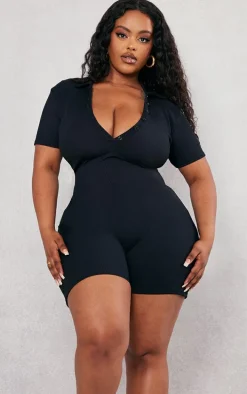 Plus Black Ribbed Button Up Romper