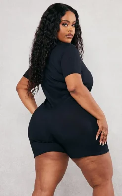 Plus Black Ribbed Button Up Romper