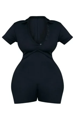 Plus Black Ribbed Button Up Romper
