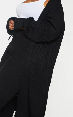 Plus Black Ribbed Knit Midi Cardigan