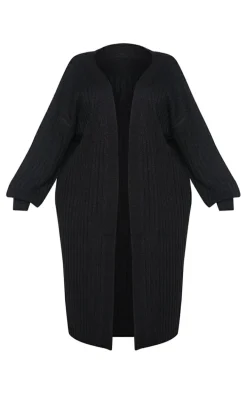 Plus Black Ribbed Knit Midi Cardigan