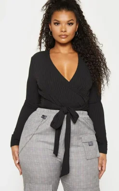 Plus Black Ribbed Tie Waist Bodysuit