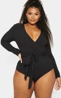 Plus Black Ribbed Tie Waist Bodysuit