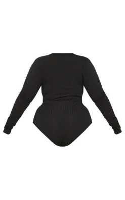 Plus Black Ribbed Tie Waist Bodysuit