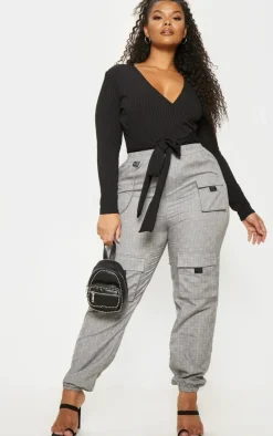 Plus Black Ribbed Tie Waist Bodysuit