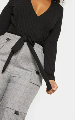 Plus Black Ribbed Tie Waist Bodysuit