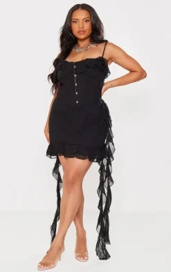 Plus Black Rose Frill Detail Draped Mini Dress