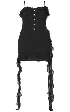 Plus Black Rose Frill Detail Draped Mini Dress