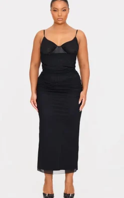 Plus Black Ruched Corset Underlay Maxi Dress